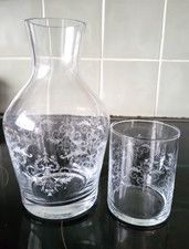 Vintage Etched Floral Tumble Up Bedside Water Carafe and Glass E476