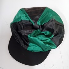 VINTAGE HARRODS RACING JOCKEY CAP COVER SILK GREEN AND BLACK WITH TAGS