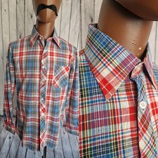 Prima Dagger Collar SHIRT Madras Check -Large-Vintage 1970s Mod Skinny Fit DD20L