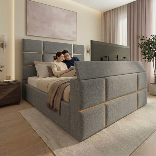 Cubed gold upholstered bed - tv,