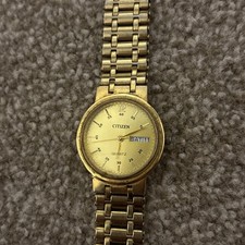Vintage Citizen Day Date Quartz Mens Gold 23k Gold Plated Watch Gold Strap