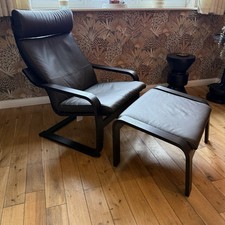 Ikea Poang Chair with Footstool Dark Brown Leather Very Good Condition