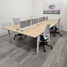 4-Person Hybrid Bench Desking, Maple / White, Monitor Arms, Desktop Screens, ...