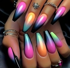 24pcs Ballet Shaped Nails Long, Shiny Ombre Gradient Mix Colors