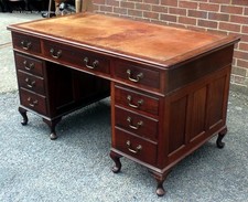 Edwardian antique mahogany original tan leather 9 drawer pedestal office desk