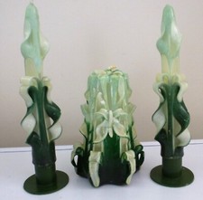 Candles. Hand Carved. Set of 3. Green & White. Vintage. Free Candle Rings.