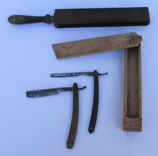 VINTAGE OLD STROP SHARPENER & STRAIGHT RAZORS WITH WOODEN BOX!!!