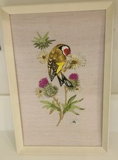 Vintage Framed Embroidery Of Goldfinch 38 X 25cm