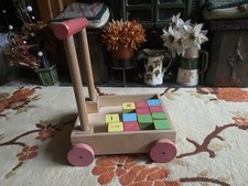 Vintage Wooden Push-along Childs Trolley With Bricks/blocks Plus Extra Blocks