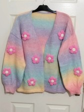 Rainbow Knitted Cardigan 16/18 Crochet Daisies/Flowers Hippie Boho Vintage/Retro