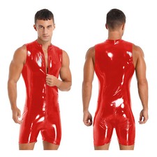 Men's Wet Look PVC Leather Bodysuit Catsuit Zipper Jumpsuits Clubwear Costume