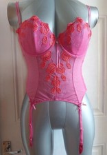 Vintage Etam Corset Bustier Basque Lace Mesh Sexy lingerie Pink Rose Suspenders