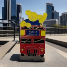 Marie Curie Metal Badge. Bear In A Red London Bus. E3
