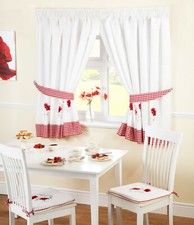 Poppies Kitchen Window Curtains Red Taped Top Unlined