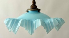 Vintage French opaline glass frilly coolie light shade pale blue & fittings