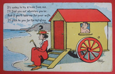 Old Comic by artist HANDY Seaside BEACH BATHING HUT LADY TRAPS MAN INSIDE