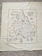 Vintage Map England  Wales Linen Embroidery 57x65 cm.