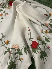 Exquisite Hand Embroidered Linen Tablecloth Striking Wild Roses Hemstitched