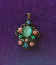 Vintage Pendant Necklace Art Deco Ornate Filigree Multicolour Czech Glass