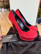Beautiful YVES SAINT LAURENT "Tribute Pump" Red Suede High Heel SHOES, 38.5, 5.5