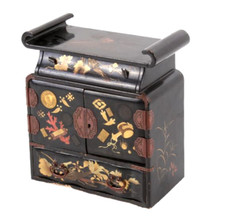 19th Japanese Table Cabinet Lacquer Pagoda Form Decorated  Inlaid Coins 24 cm Hi