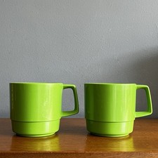 Pair of Vintage Green Plastic Style Mugs Italy Camping Picnic Retro