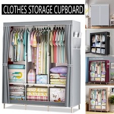 LARGE FABRIC CANVAS WARDROBE WITH HANGING RAIL SHELVING CLOTHES STORAGE CUPBOARD