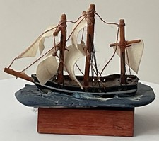 Miniature 5cm Vintage Hand Made Wooden Galleon/Sailing Ship On Base, Collectible