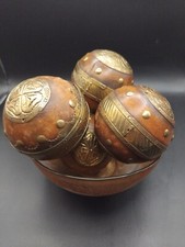 Four Vintage Brass Inlaid Solid Wooden Orb Ball Sphere Globe. Highly Decorative.