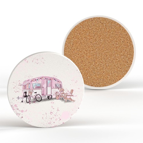 Caravan pitch scene - caravan, pink