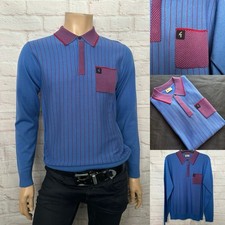Gabicci Vintage Long Sleeve Knitted Polo, Blue/Red, Size Medium, BNWOT