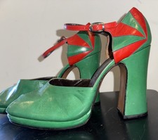 Vtg Sz 9 70s Platform Italian Dress Shoes Sandals NOS Green Red Leather Disco