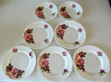 VINTAGE CROWN REGENT BONE CHINA PINK "DOG ROSE" DESIGN 5 PLATES & 2 SAUCERS   