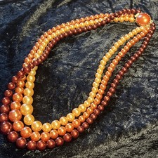 Vintage 3 Strand Faux Pearls-Multi Colour-Pink/Red/Brown Tones-Decorative Clasp