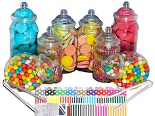 8 Assorted Plastic Sweet Jars 2 Tongs 50 Bags TWO STYLES OF LID Candy Buffet
