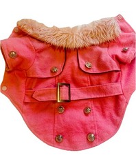 Gorgeous Pink Small Dog Coat with gold buttons and belt fluffy collar 19inches 
