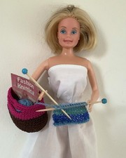 Hand Crochet Knitting Bag For Sindy Or Barbie Doll With Pattern, Wool + Knitting