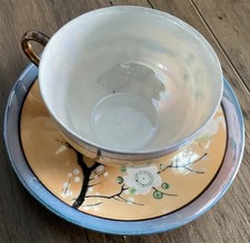 Vintage Lustre Japanese Cup And Saucer Hand Painted With Bird And Cherry Blossom