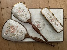 Delina Vintage Vanity Dresser Hair Brush Mirror Set Handheld, Floral Embroidered