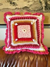  New Hand Made Crochet 16” Cushion with lace and ribbon trim