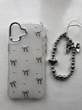 iPhone 16 Plus Clear Glitter Phone Case Bows Ribbon - Beaded Chain holder