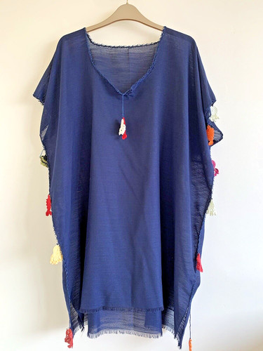 Navy kaftan cover fringed - navy,