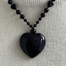 Beaded Heart Necklace Navy Blue Stationary Beads Sparkly Glitter 19in Rope Clasp