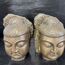 Stunning Vintage Pair Of Heavy Resin Bronzed Bookends Of Buddha Heads 7.5” High