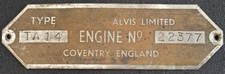 ALVIS LIMITED TA14 ENGINE 22377 COVENTRY BODY NAME PLATE BADGE
