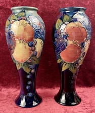 A Large Pair Of Large Moorcroft Vases. Blue Finches Pattern. Sally Tuffin. 28cm