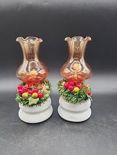 2 Mini Oil Lamps Red White Glass Hurricane Christmas Holiday Hong Kong VTG 6"