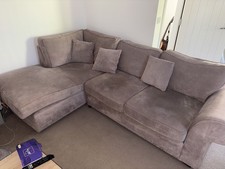 Large Blush Pink Arm Chair & Corner Sofa with pink & grey rug