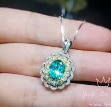 Green Paraiba Tourmaline Necklace - Double Halo Wave Circle - White Gold coated