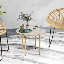 Round Small Garden Table with Faux Marble Glass Top, Beige